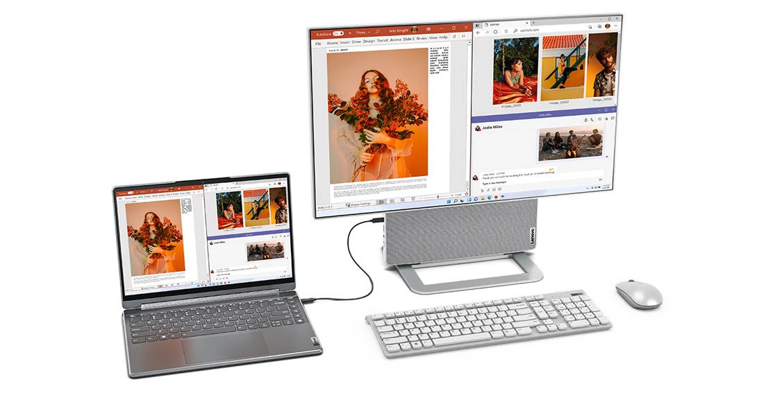 Computadora portátil Lenovo conectada a una computadora de escritorio Yoga AIO 7 7ma Gen (27