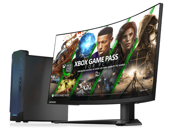 The IdeaCentre Gaming 5 Gen 6 (AMD) tower desktop next to an optional monitor showing an XBOX Game Pass welcome screen