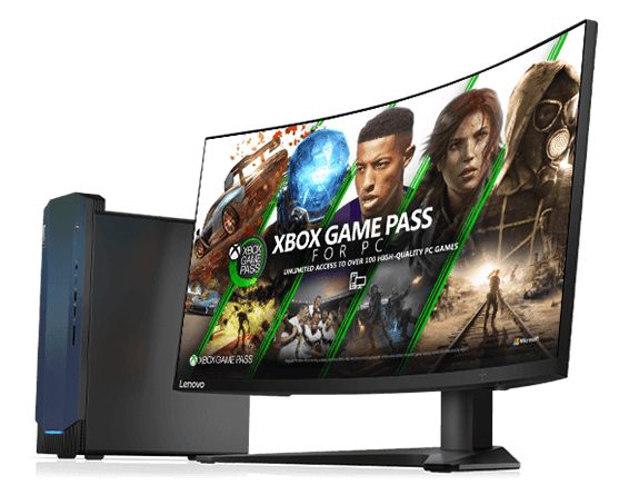 Front-right angle view of the IdeaCentre Gaming 5i Gen 6 (Intel) tower desktop next to an optional curved monitor with an XBOX Game Pass screenfill