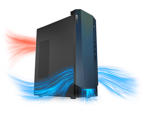 IdeaCentre Gaming 5i Gen 6 (Intel) Tower Desktop – Ansicht von vorne rechts mit roten und blauen Pinselgrafiken zur Veranschaulichung der Wärmeleistung