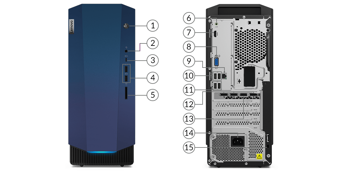 Left and right profile views of the IdeaCentre Gaming 5i Gen 6 (Intel) tower desktop with labels identifying ports