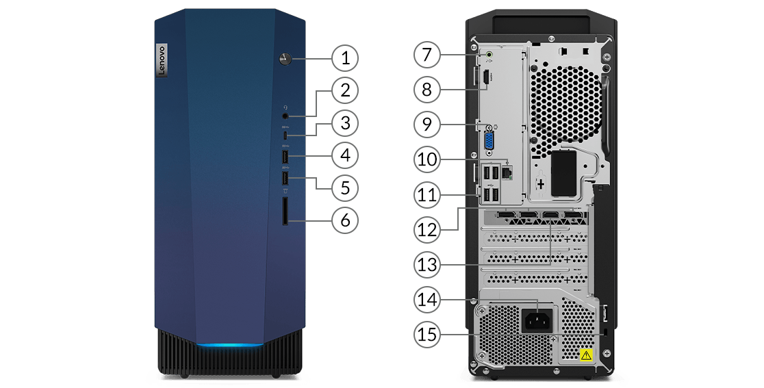Widok lewej i prawej strony jednostki centralnej IdeaCentre Gaming 5i Gen 6 (Intel) z etykietami identyfikacyjnymi portów.