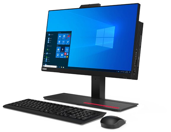 The Lenovo ThinkCentre M70a Gen 2 all-in-one angled slightly to show right-side ports, along with a keyboard and mouse.