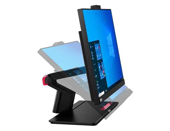 Two left-side profiles superimposed of the Lenovo ThinkCentre M70a Gen 2 all-in-one showing tilt angles of adjustable stand.