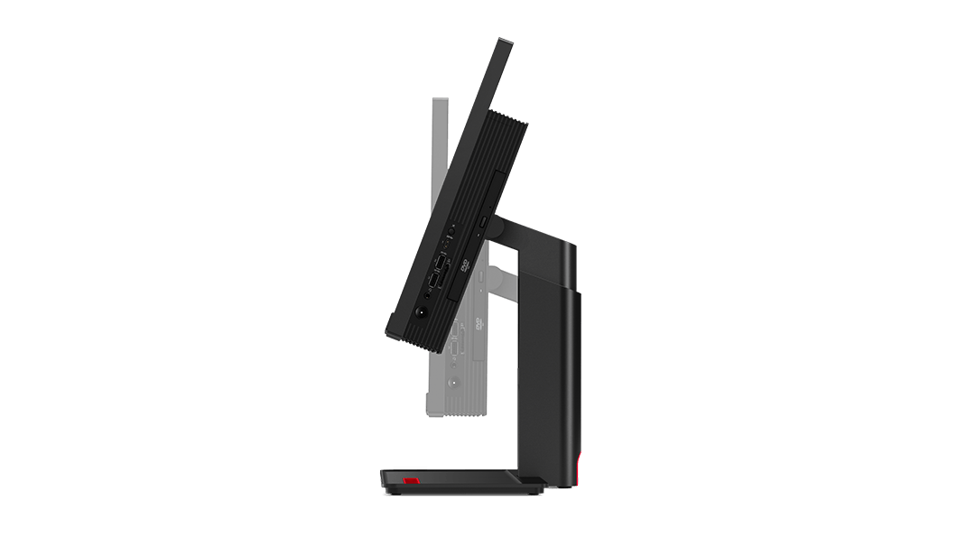 Two right-side profiles superimposed of the Lenovo ThinkCentre M70a Gen 2 all-in-one showing tilt angles of adjustable stand.