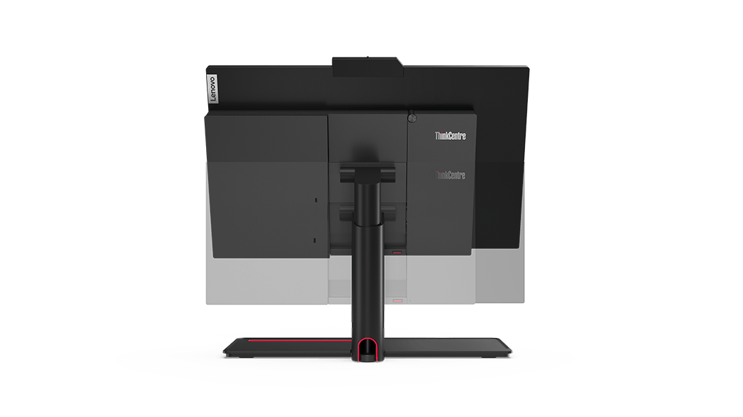 Two rear views superimposed of Lenovo ThinkCentre M70a Gen 2 all-in-one showing height of adjustable stand.