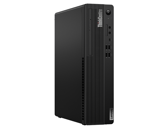 Front facing Lenovo ThinkCentre M90s Gen 2 small form factor positioned vertically, angled slightly to show left side.