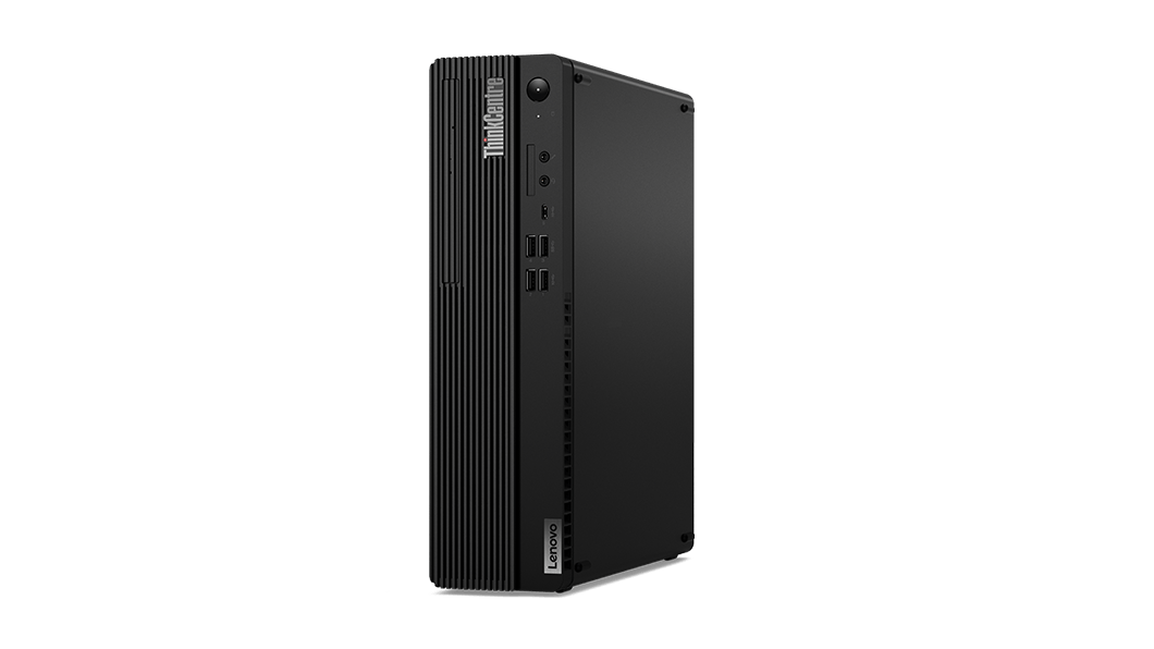 Front facing Lenovo ThinkCentre M90s Gen 2 small form factor positioned vertically, angled slightly to show right side.