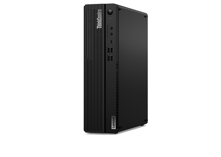 Front facing Lenovo ThinkCentre M90s Gen 2 small form factor positioned vertically, angled slightly to show right side.