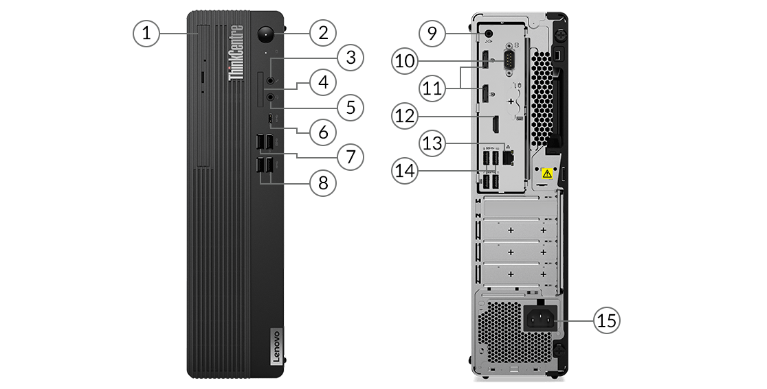 Dvě zařízení Lenovo ThinkCentre M90s Gen 2 SFF pohled zepředu a zezadu zobrazující porty a sloty.