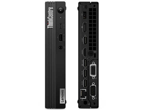 Two vertical Lenovo ThinkCentre M90q Gen 2 Tiny desktops, front facing showing front and rear ports.