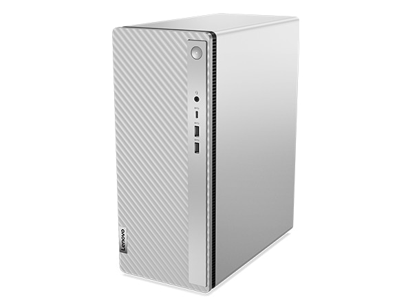 Aerial view of side-facing Lenovo IdeaCentre 5i Gen 8 (Intel) family desktop tower, showing front ports, top panel & right-hand panel