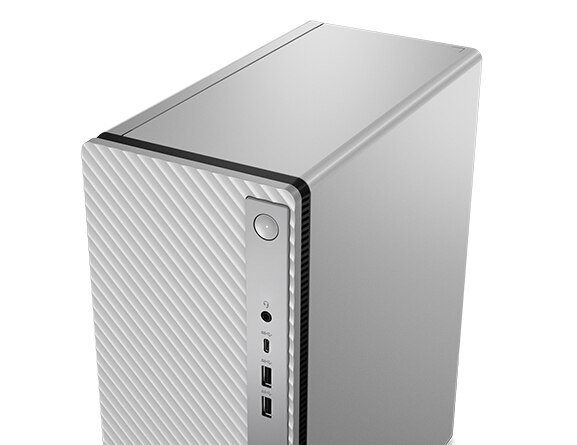Aerial view of side-facing Lenovo IdeaCentre 5i Gen 8 (Intel) family desktop tower, showing close up of top panel