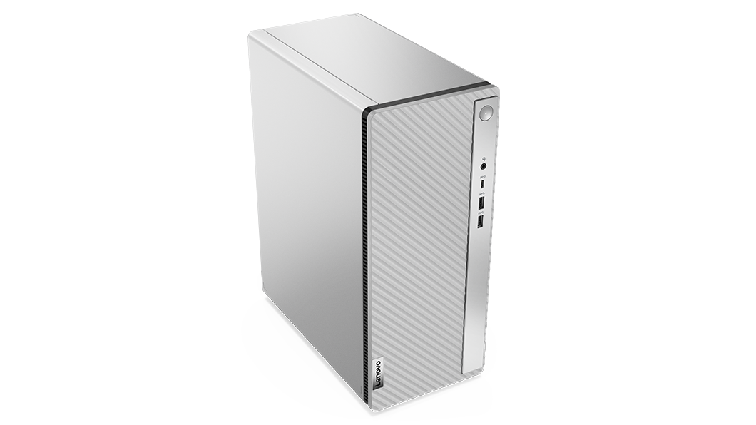 Aerial view of side-facing Lenovo IdeaCentre 5i Gen 8 (Intel) family desktop tower, showing front ports, top panel & left-hand panel