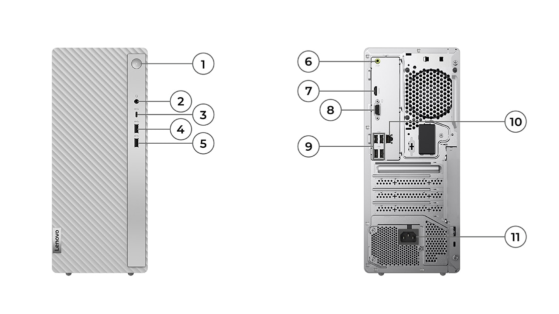 Front- & rear-facing Lenovo IdeaCentre 5i Gen 8 (Intel) family desktop tower, showing front & rear ports / slots