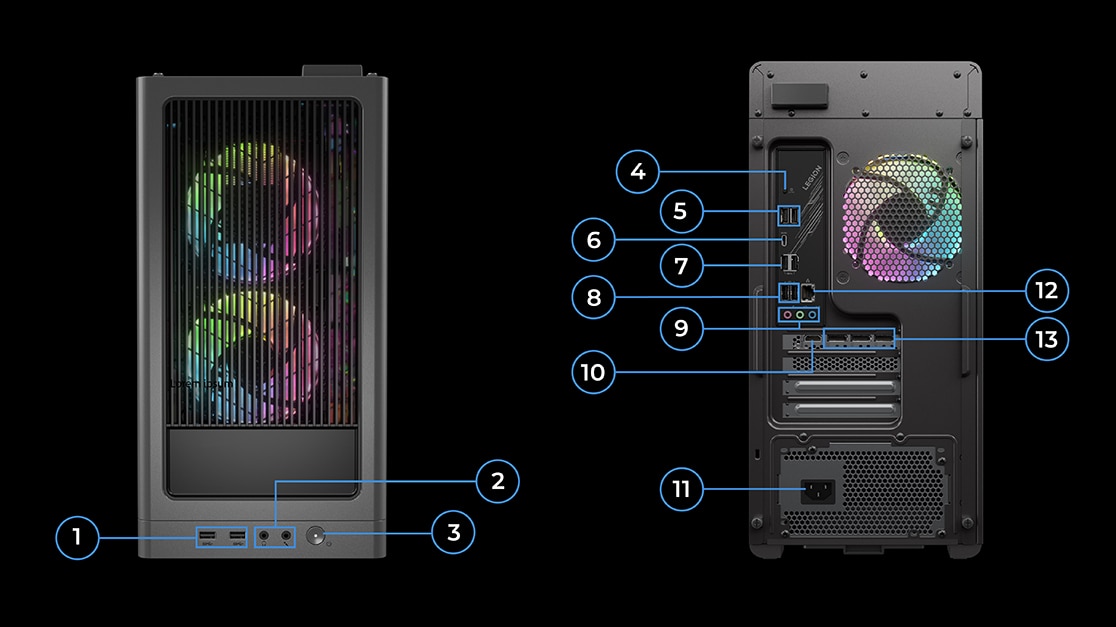 Фотография, на которой показано расположение различных кнопок и портов и разъемов. Сверху находятся два порта USB, разъемы для наушников и микрофона, а также кнопка питания. На задней панели расположены еще семь портов USB, разъем HDMI, три порта DisplayPort, разъем RJ45, три аудиоразъема и светодиодный переключатель для RGB-подсветки.