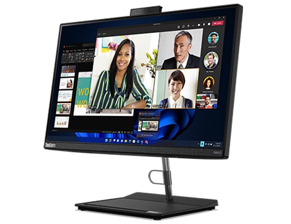 Left angled Lenovo ThinkCentre Neo 30a (22” Intel), with the display showing an online meeting