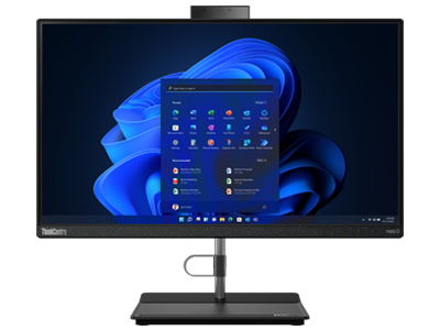 Front facing Lenovo ThinkCentre Neo 30a (22” Intel) All-in-One, showing display and stand