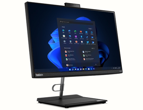 Front facing Lenovo ThinkCentre Neo 30a (22” Intel) angled to show right side, Display with Windows 11, and stand