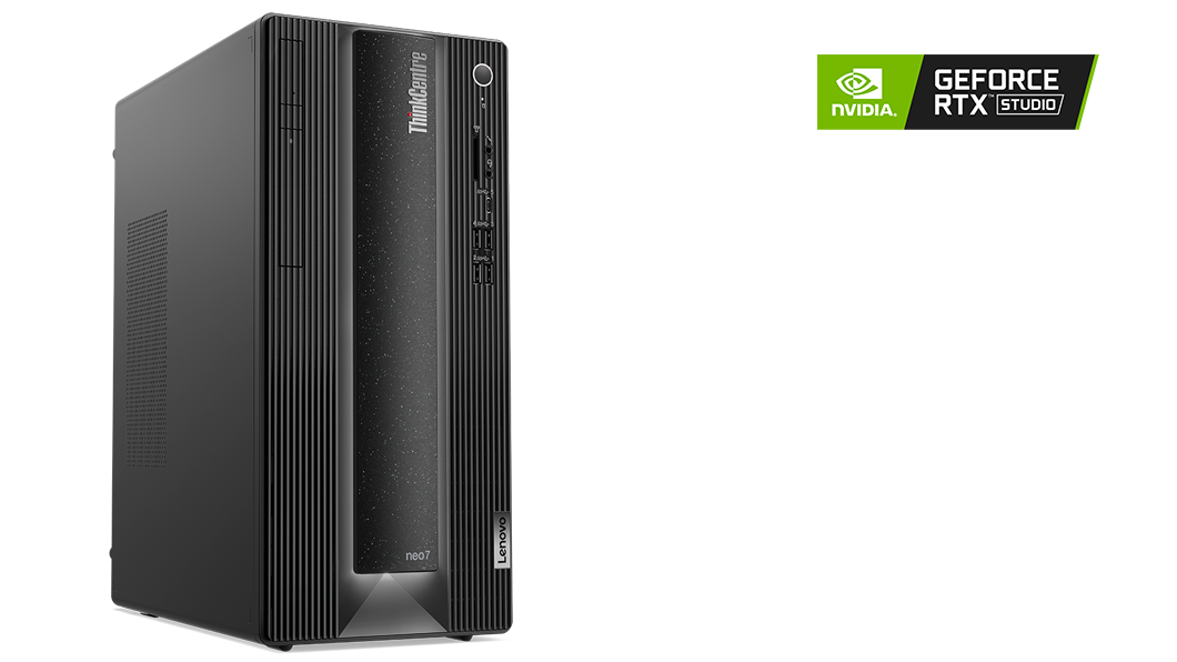 Front facing Lenovo ThinkCentre Neo 70t tower angled to show right side.