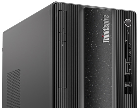 Partial front facing Lenovo ThinkCentre Neo 70t tower showing front ports and Smart Power On button.
