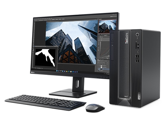 Right angled Lenovo ThinkCentre Neo 70t tower with a monitor keyboard and mouse.