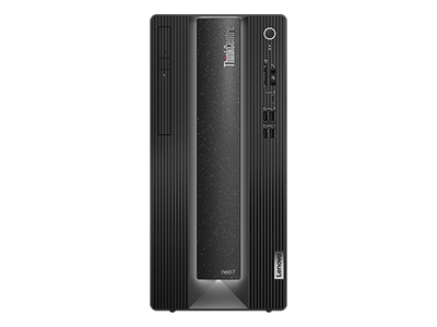 Front facing Lenovo ThinkCentre Neo 70t tower showing front ports and Smart Power On button.