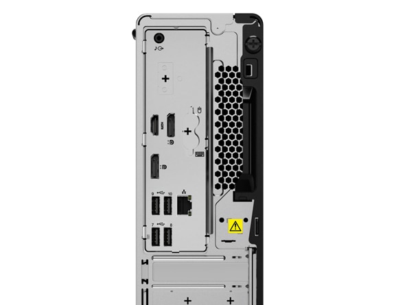 Rear view of M70s Gen 3 tower PC, positioned vertically.