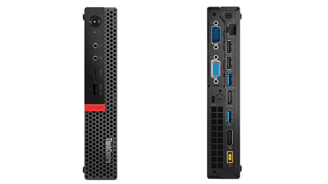 Front and rear view of Lenovo ThinkCentre M920 Tiny 