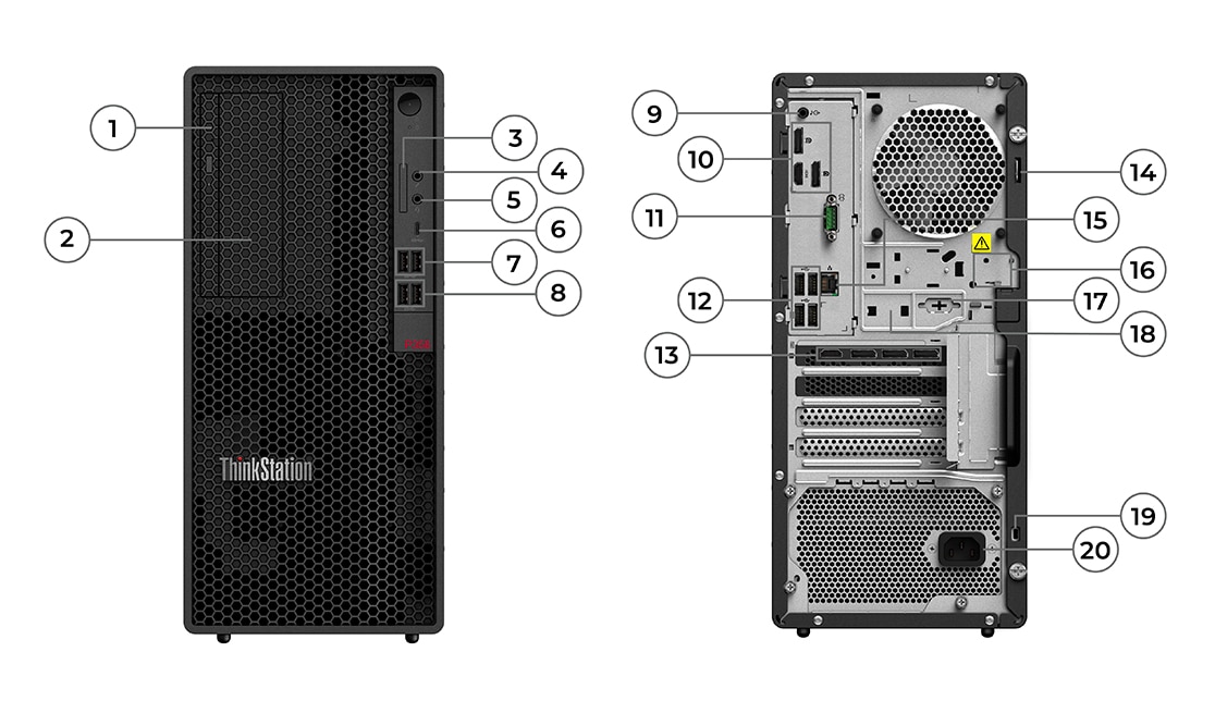 Lenovo ThinkStation P358 ‑tornitehotyöaseman etu- ja takapaneelit edestä kuvattuina, liitännät näkyvissä