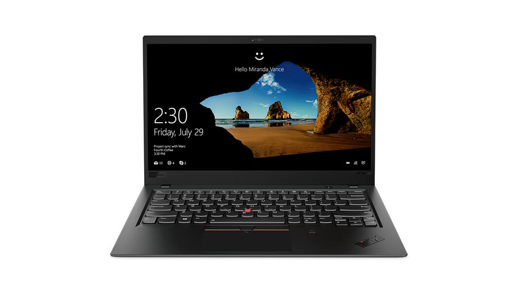 front view of Lenovo ThinkPad X1 Carbon (6th Gen) in Black, with Windows 10 Pro.