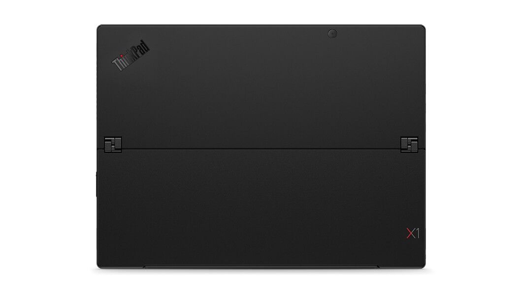 Back side of Lenovo ThinkPad X1 Tablet, showing hinge for kickstand.