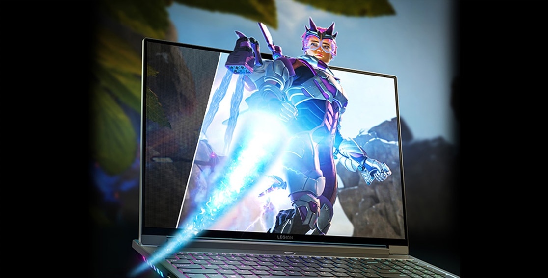 Legion 7 Gen 7 (16” AMD) with sci-fi video game exploding from the screen