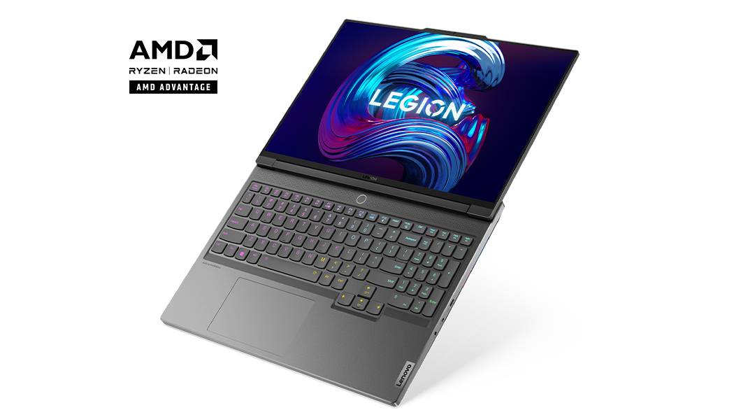 Laptop Legion 7 7ma Gen (16”, AMD) abierta a 180° disposición a 45°  