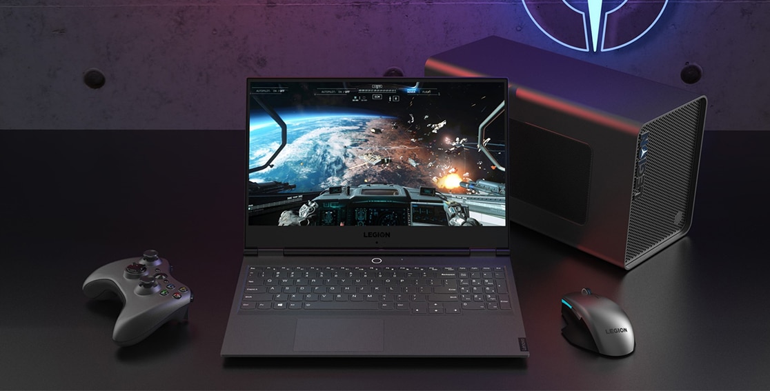 Lenovo Legion BoostStation Graphics Booster shown with Lenovo Legion laptop and mouse