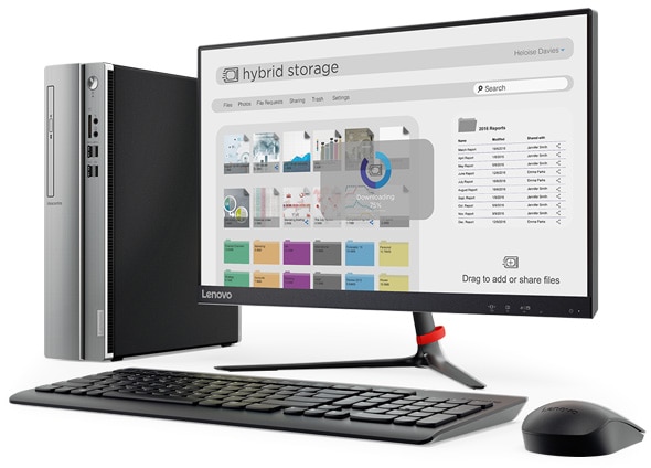Lenovo Ideacentre 310s (Intel) small form factor PC positioned vertically with wireless monitor, keyboard, and mouse.