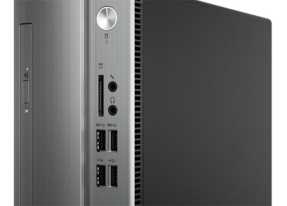 Detail of front panel on Lenovo Ideacentre 310s (Intel) small form factor PC showing optical drive, power button, and multiple ports.