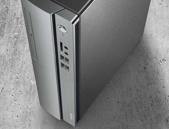 Overhead shot angled right of Lenovo Ideacentre 310s small form factor PC showing sleek metallic finish.