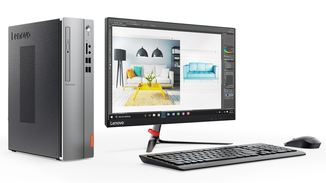 Lenovo Ideacentre 510S (2nd Gen), front left side view with monitor, keyboard, and mouse