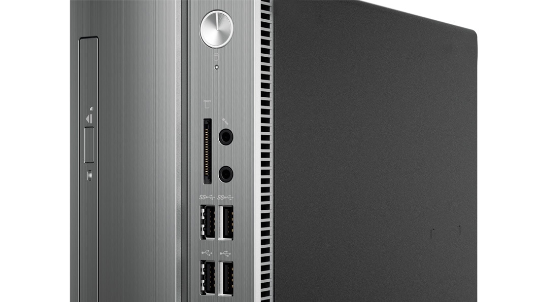 Lenovo Ideacentre 510S (2nd Gen), front detail view of ports and optical drive