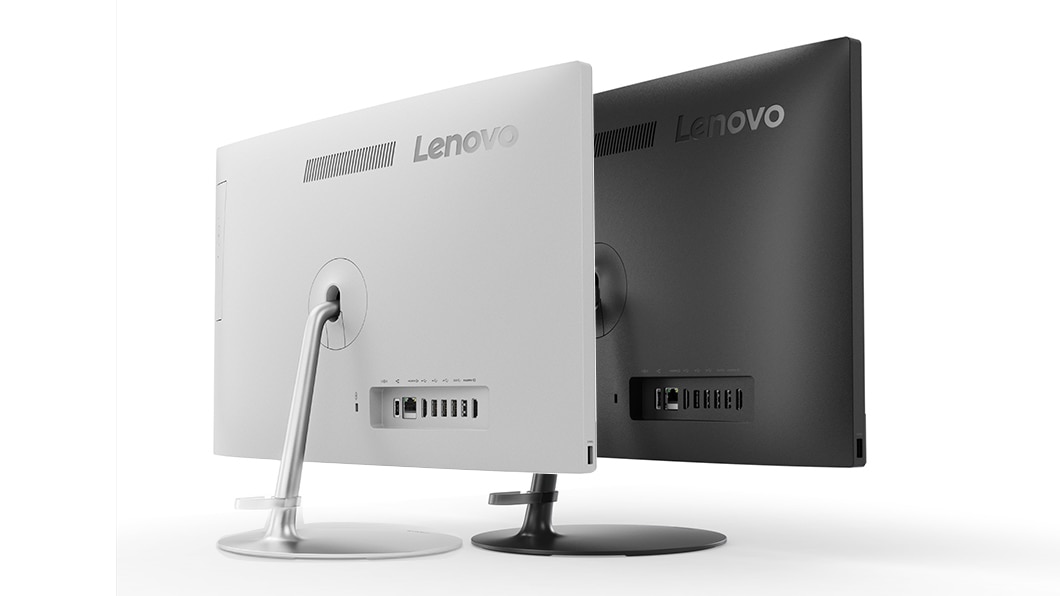 Lenovo Ideacentre AIO 520 (22, AMD) in black and silver, back left side views in both colors