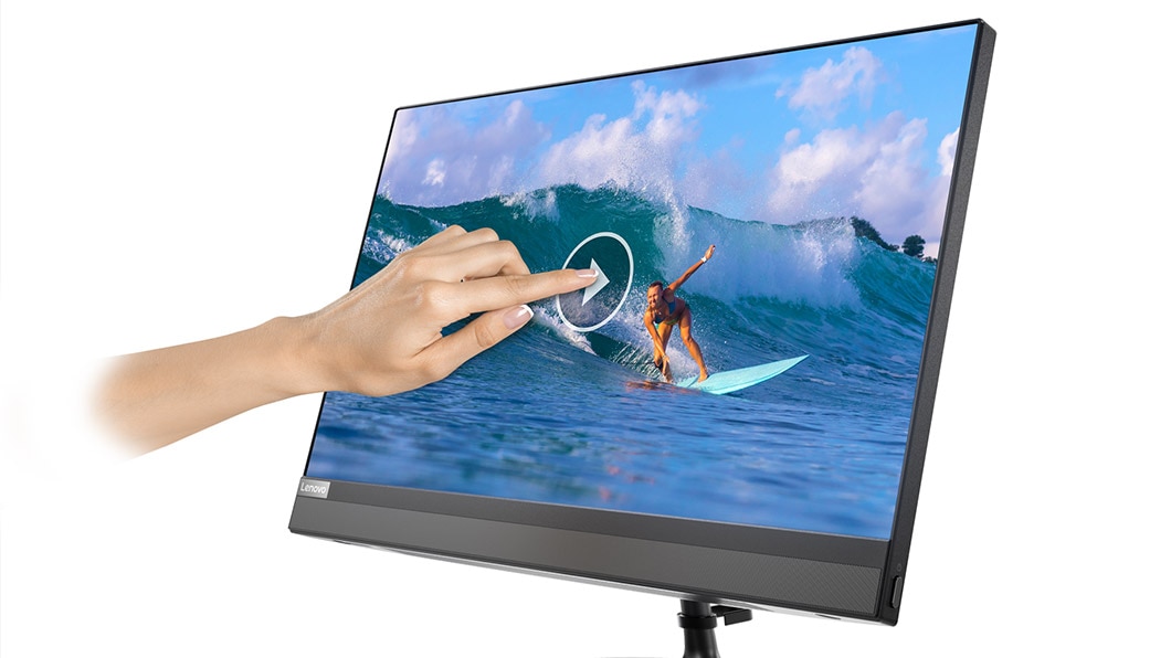 Lenovo Ideacentre AIO 520 (22) in black, display view with hand touching screen