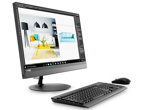 Lenovo Ideacentre AIO 520 (22, AMD), front left side view with keyboard and mouse