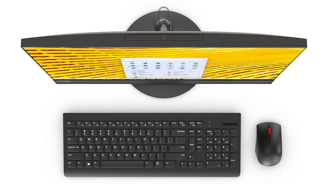 Lenovo Ideacentre AIO 520 (24) in black, overhead view with keyboard and mouse