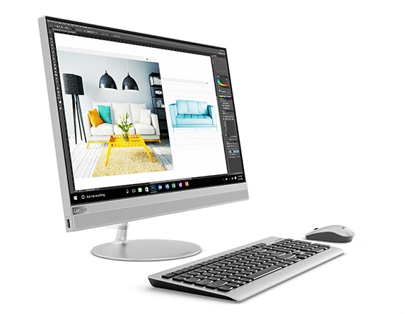 Lenovo Ideacentre AIO 520 (24), front left side view with keyboard and mouse