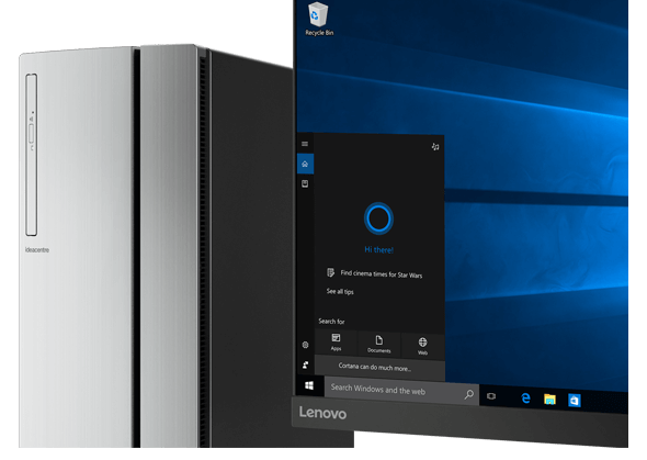Lenovo Ideacentre 720 Tower, front view with monitor featuring Windows 10 and Cortana