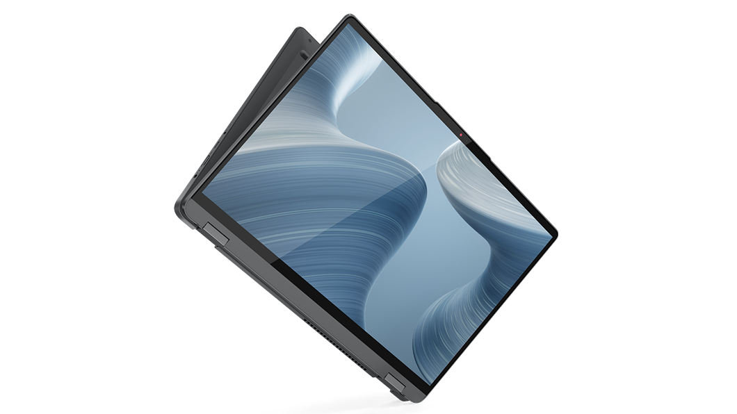 The 16” IdeaPad Flex 5i, suspended at an angle, slightly opened from tablet mode, showing the display, with a swirling grey background, and part of the bottom of the device