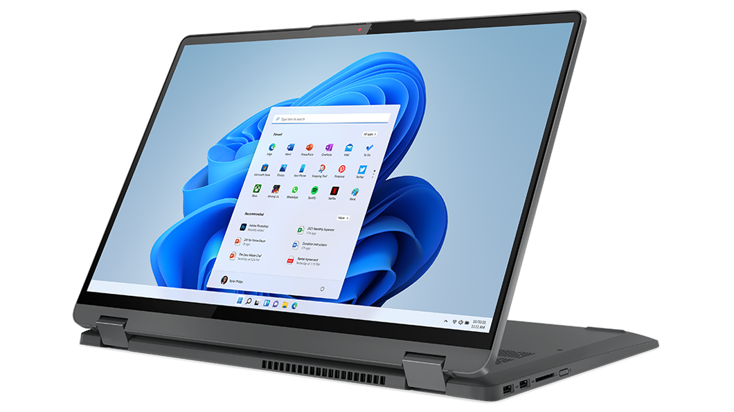 Schuin aanzicht van de 16'' IdeaPad Flex 5i in presentatiestand, met op het beeldscherm een OS-paneel en een wervelende blauwe vorm op de achtergrond