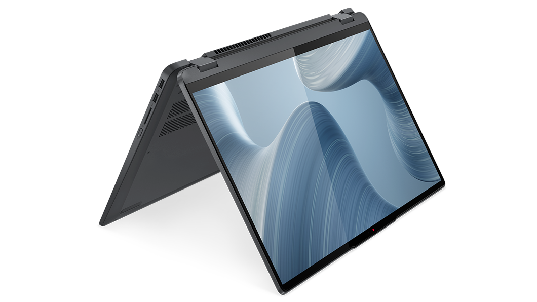 Angle view of the 16” IdeaPad Flex 5i in tent mode, with an OS panel against a swirling grey shape on the display