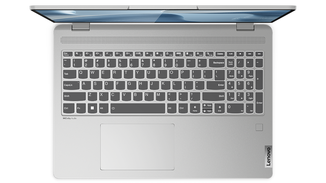 Vista superior do IdeaPad Flex 5i de 16'' (40,64 cm) em modo portátil, a mostrar o teclado retroiluminado e o painel tátil.